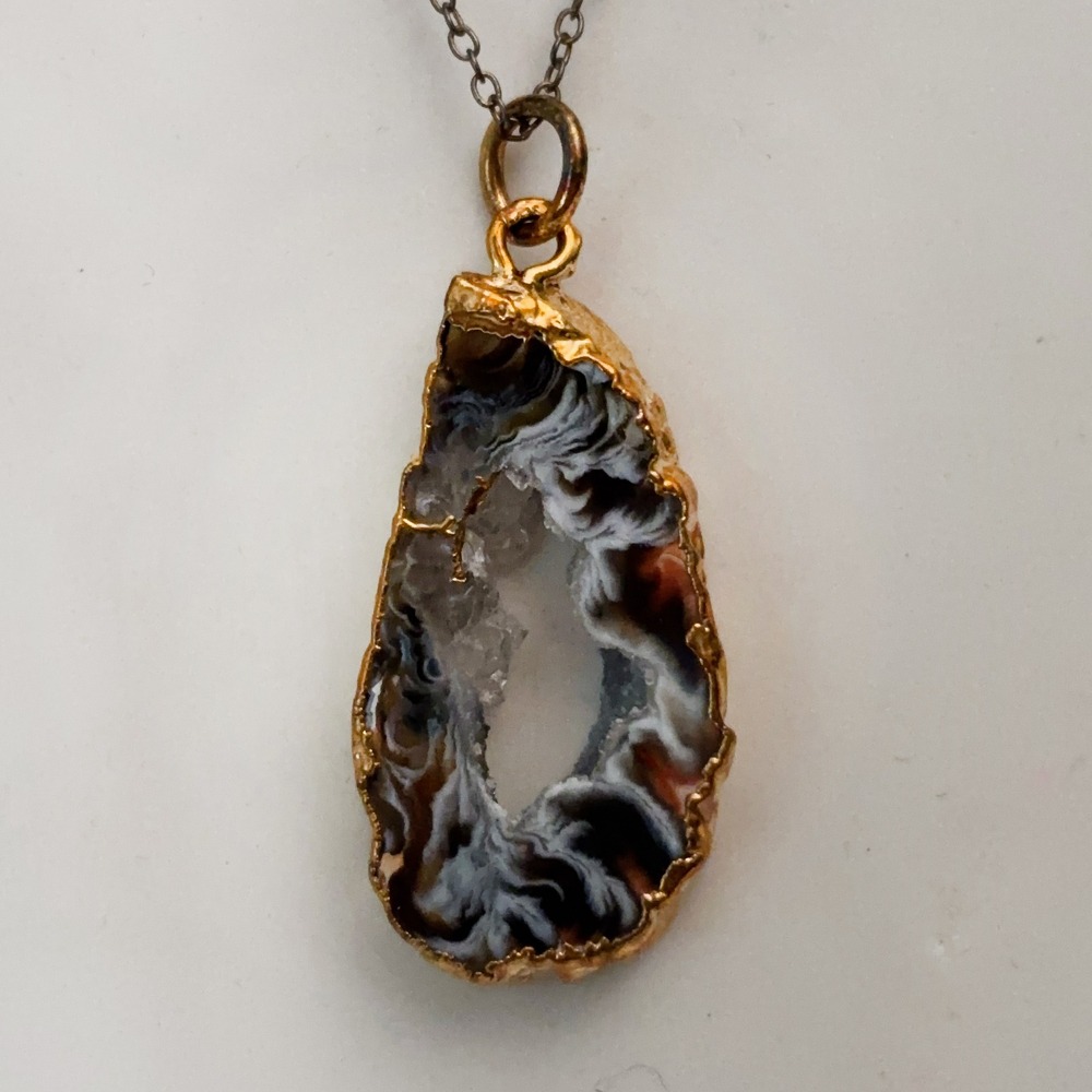 Sterling Silver OGI 925 Italy Geode Necklace Gold Toned Agate Pendant Boho Druzy